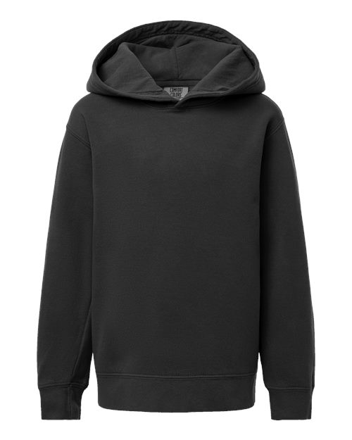 Youth Garment-Dyed Lightweight Fleece Hooded Sweatshirt — Black (front) Youth Garment Dyed Lightweight Fleece Hooded Sweatshirt