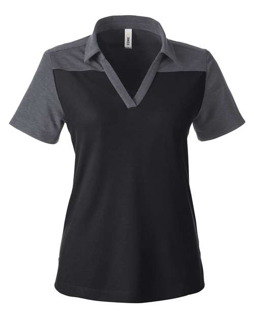 Women’s Fusion ChromaSoft™ Colorblock Polo — Black/ Carbon Heather (front) Women’s Fusion ChromaSoft™ Colorblock Polo
