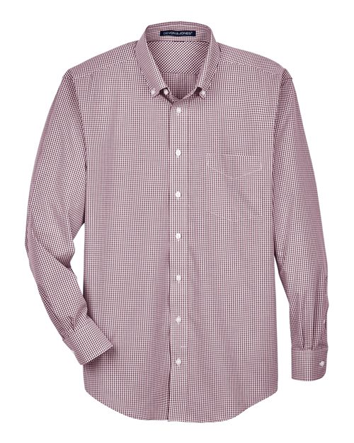 Men’s Crown Collection® Gingham Check Woven Dress Shirt — Burgundy (front) Men's Crown Collection® Gingham Check Woven Dress Shirt - Image 1