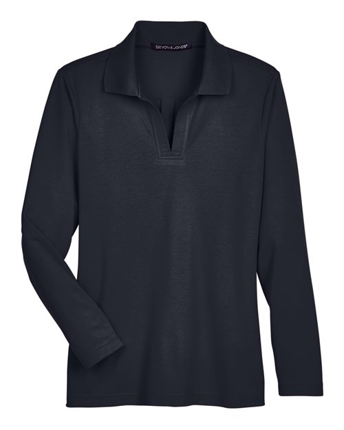 Women’s CrownLux Performance® Plaited Long Sleeve Polo — Black (front) Women’s CrownLux Performance® Plaited Long Sleeve Polo