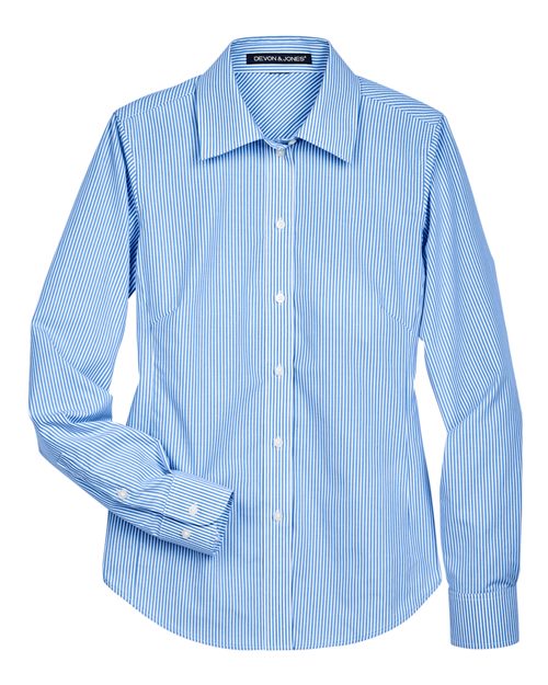 Women’s Crown Collection® Banker Stripe Woven Dress Shirt — French Blue (front) Women's Crown Collection® Banker Stripe Woven Dress Shirt - Image 1
