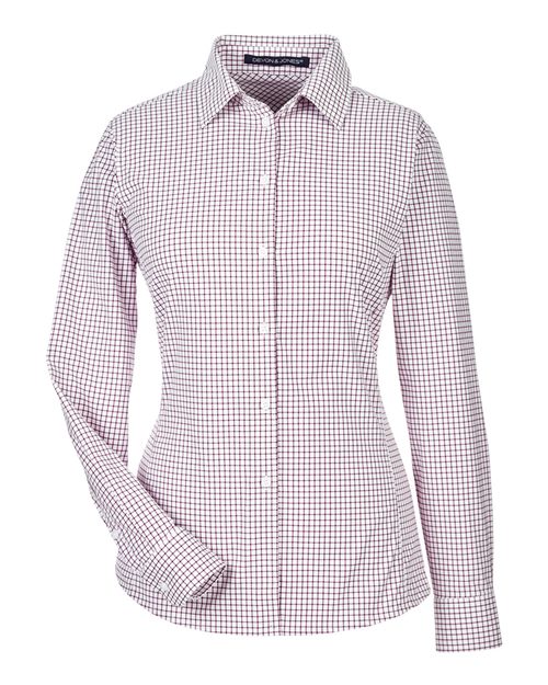 Women’s CrownLux Performance® Micro Windowpane Woven Dress Shirt — Burgundy/ White (front) Women's CrownLux Performance® Micro Windowpane Woven Dress Shirt - Image 1