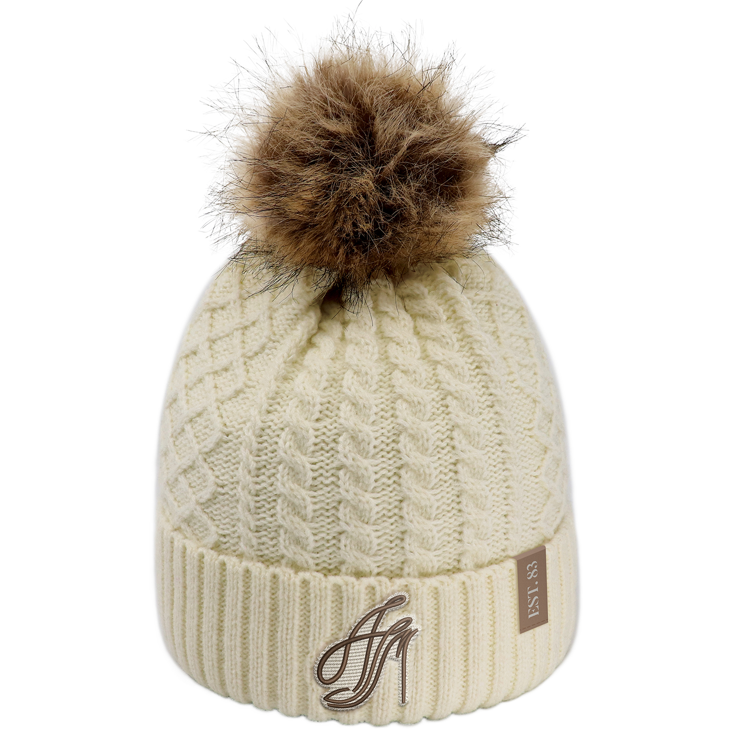 Acrylic / Polyester Satin Cuff Toque (Faux Fur Pom Pom 12cm, Women’s) Jacquard cable knit Polyester satin lining Acrylic / Polyester Satin Cuff Toque (Faux Fur Pom Pom 12cm, Women’s)
