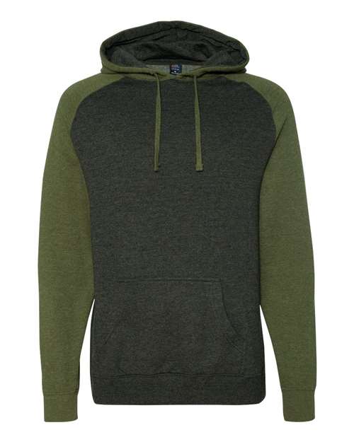 Unisex Raglan Hooded Sweatshirt — Charcoal Heather/ Army Heather (front) Unisex Raglan Hooded Sweatshirt