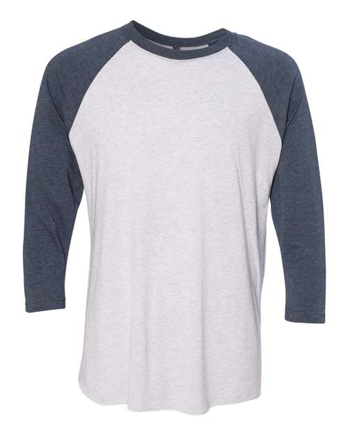 Unisex Triblend Three-Quarter Raglan T-Shirt — Indigo Sleeves/ Heather White Body (front) Unisex Triblend Three-Quarter Raglan T-Shirt - Image 1