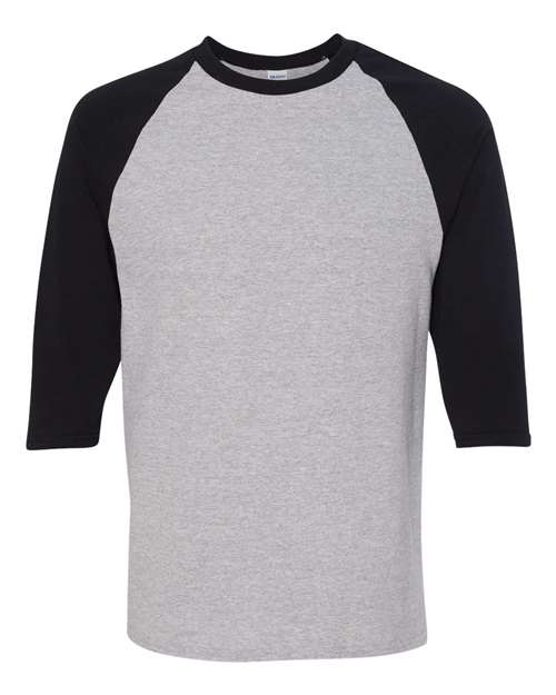 Unisex Heavy Cotton™ Raglan Three-Quarter Sleeve T-Shirt — Sport Grey/ Black (front) Unisex Heavy Cotton™ Raglan Three Quarter Sleeve T Shirt