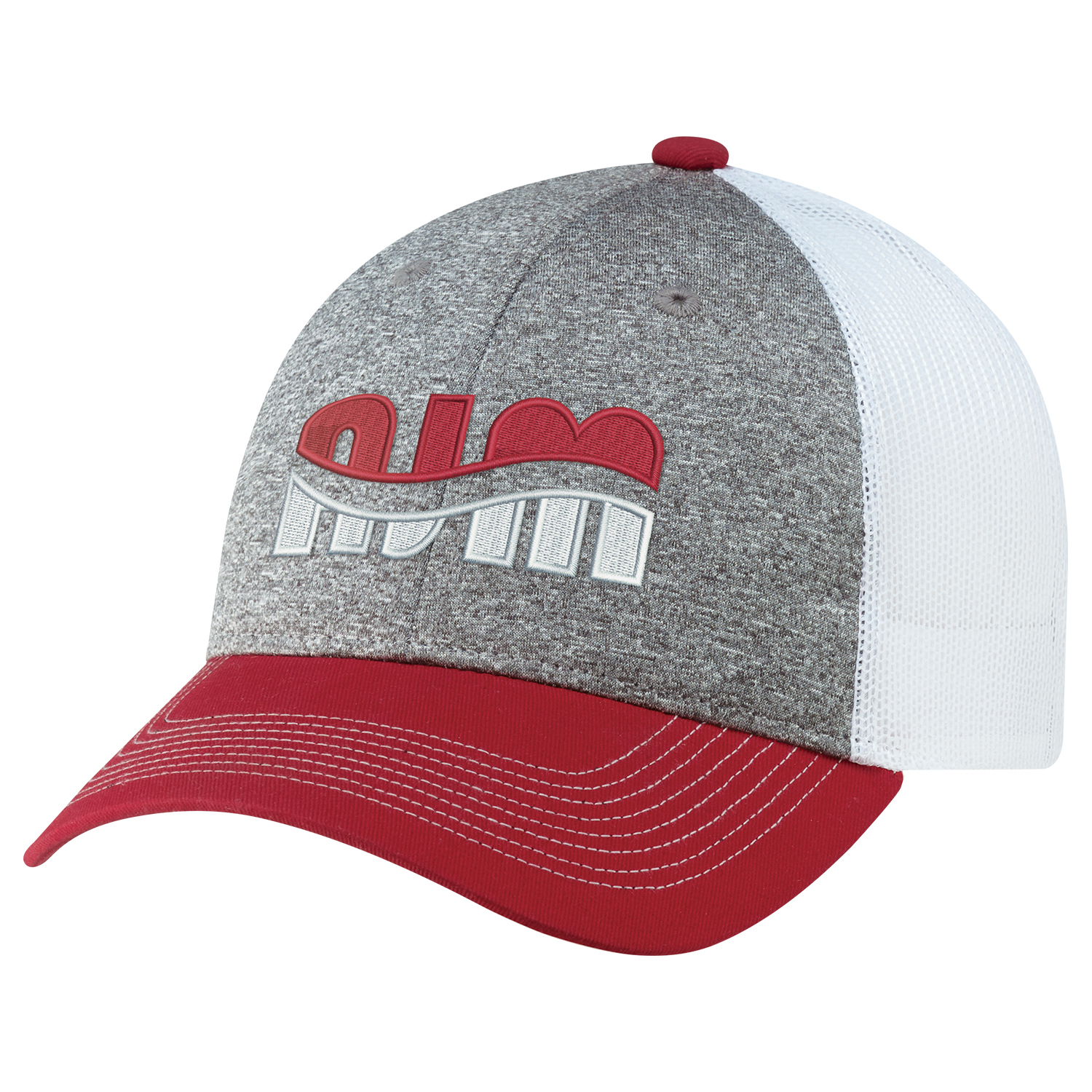 Cotton Drill / Polyester Heather / Polyester Mesh 6 Panel Constructed Full-Fit (Mesh Back) Buckram laminated front panels with Pro-Stitch Pre-curved peak with 8 rows of stitching (P1) Plastic adjustable back strap (S1) Cotton Drill / Polyester Heather / Polyester Mesh 6 Panel Constructed Full Fit (Mesh Back)