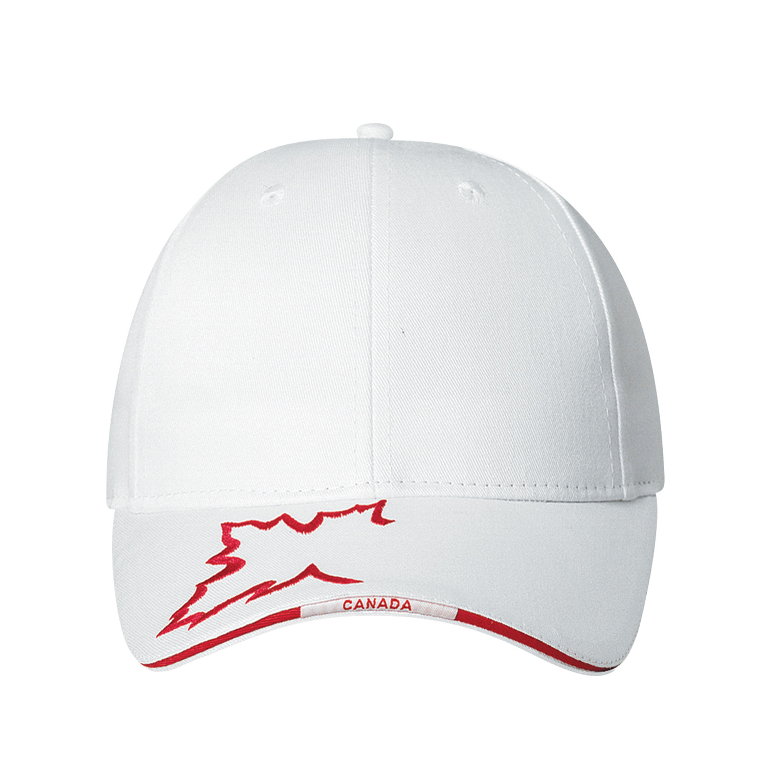 Polycotton 6 Panel Constructed Contour (Canada) Matching buckram laminated front panels with Pro-Stitch Pre-curved peak with contrast edge and Canada insignia (P18) Self cloth back strap with velcro closure (S3) Polycotton 6 Panel Constructed Contour (Canada)