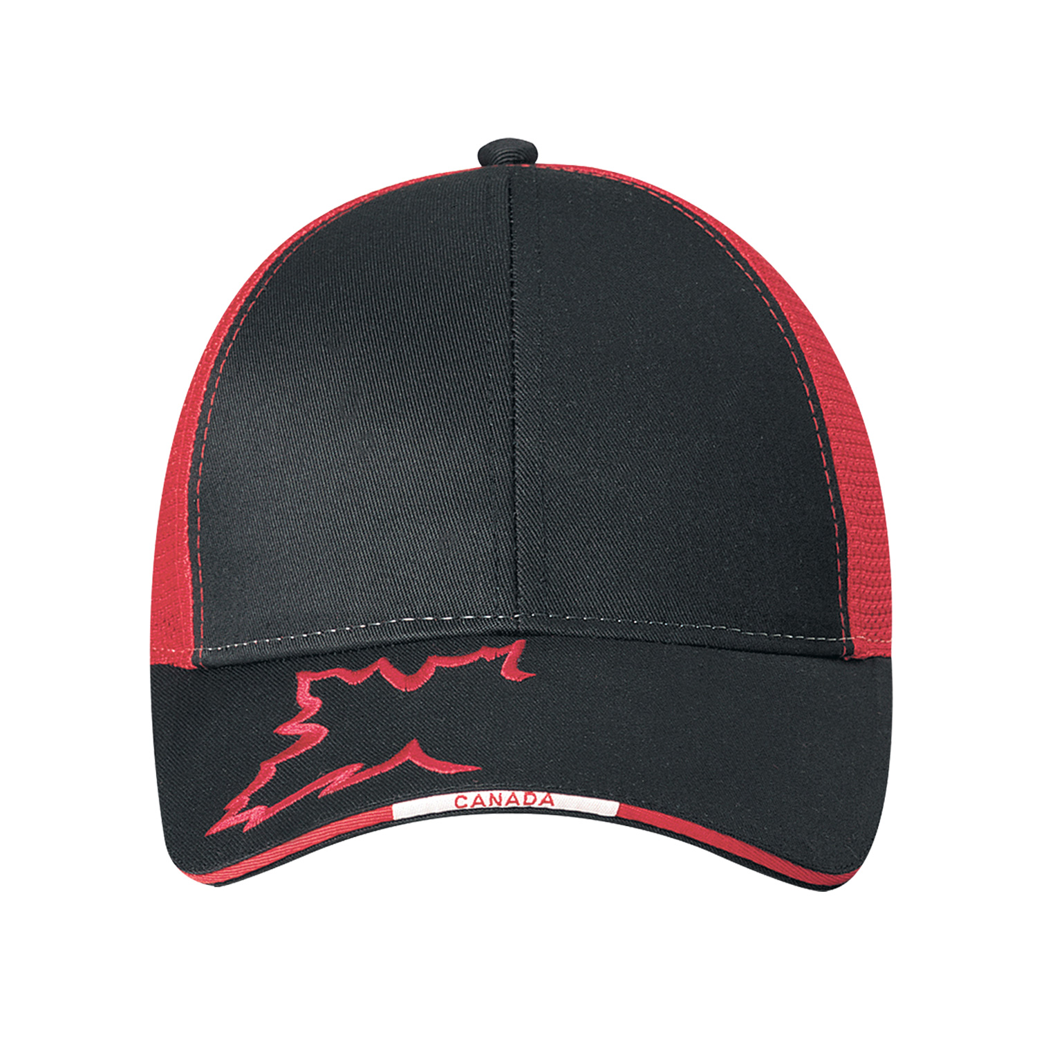 Polycotton / Polyester Mesh 6 Panel Constructed Contour (Canada, Mesh Back) Matching buckram laminated front panels with Pro-Stitch Pre-curved peak with contrast edge and Canada insignia (P18) Self cloth back strap with velcro closure (S3) Polycotton / Polyester Mesh 6 Panel Constructed Contour (Canada, Mesh Back)