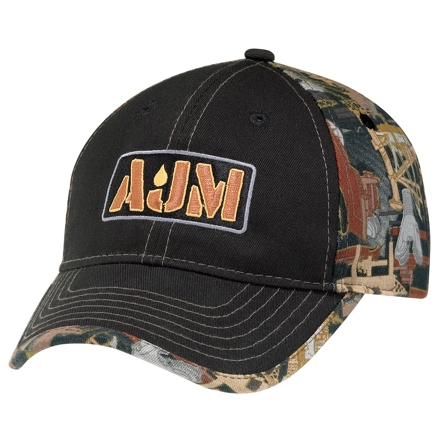 Deluxe Chino Twill / Polycotton Oilfield® Camouflage 6 Panel Constructed Contour (Trim) Buckram laminated front panels with Pro-Stitch Pre-curved peak with 6 rows of contrasting stitching and trim (P4) Self cloth/elastic back strap with tuck-in end and velcro closure (S28) Deluxe Chino Twill / Polycotton Oilfield® Camouflage