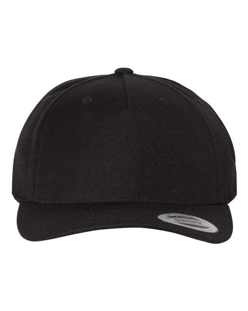 Premium Five-Panel Curved Bill Snapback Cap — Black (front) Premium Five Panel Curved Bill Snapback Cap