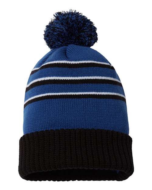 Pom Cuffed Beanie — Royal/ Black/ White (front) Pom Cuffed Beanie