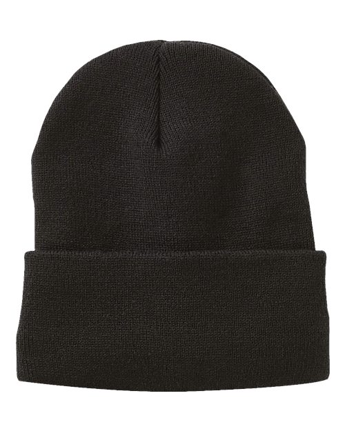 12″ Jersey Lined Cuffed Beanie — Black (front) 12" Jersey Lined Cuffed Beanie - Image 1