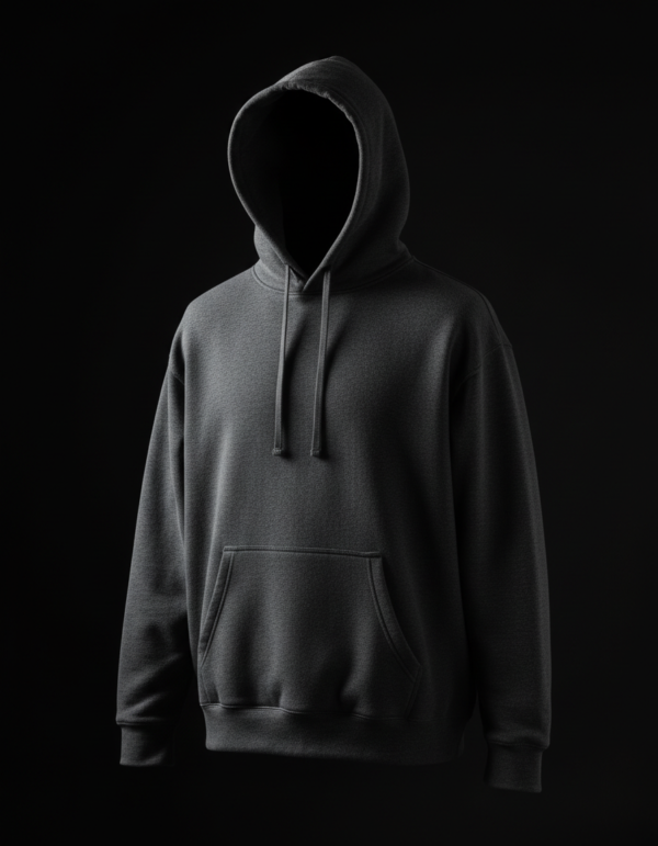 Heavyweight fleece hoodie draped on a wooden chair