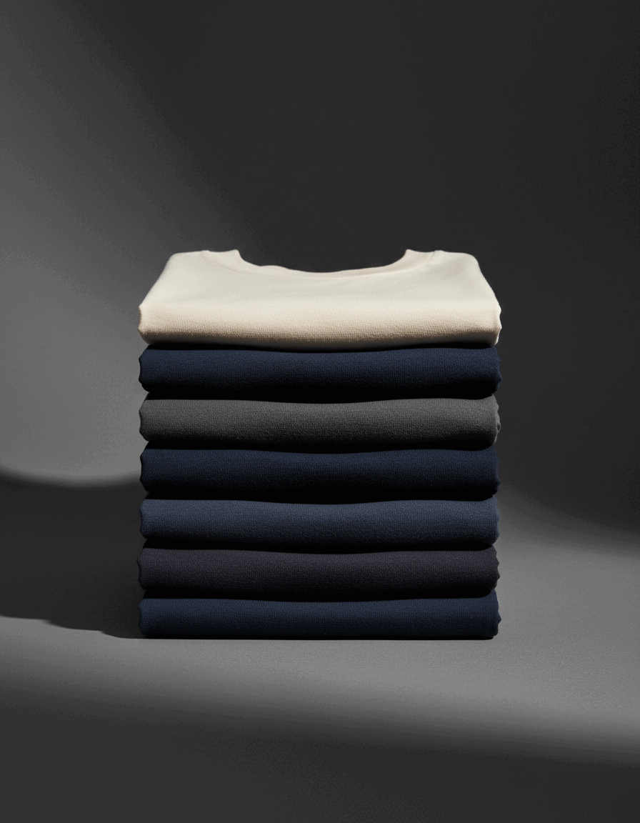 A stack of seven folded t-shirts in earth tones
