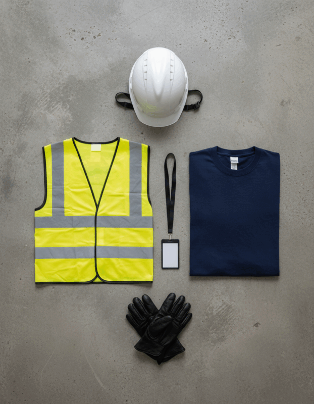 Hi-vis vest and navy shirt arranged for workwear crews