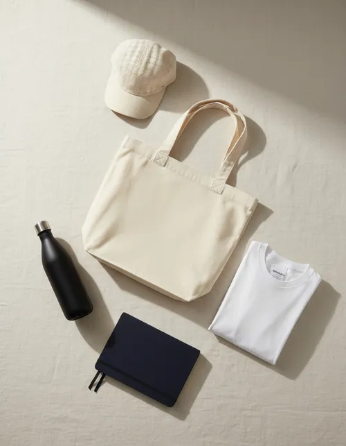 Corporate welcome kit flat lay with apparel and desk accessories