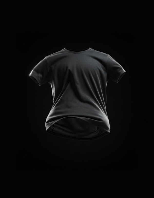 A performance t-shirt suspended in motion on a neutral studio background