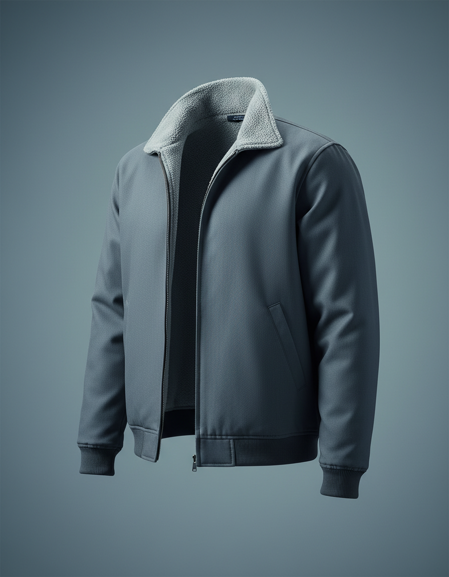 Blank workwear quarter-zip on a metal coat hook, earth tones