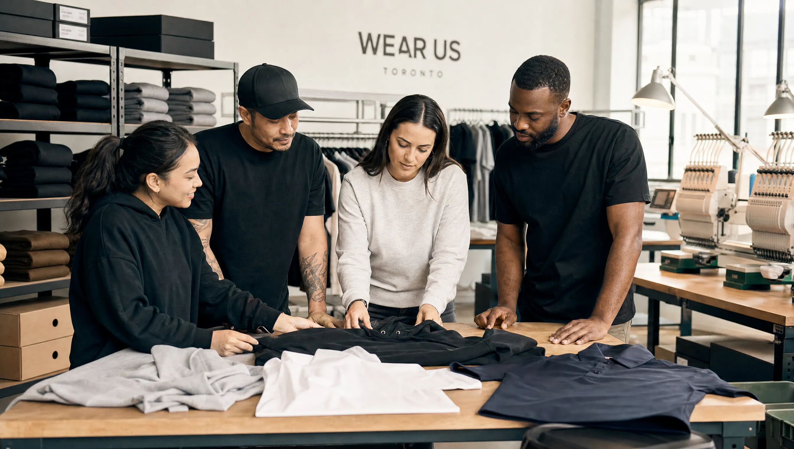 Print and embroidery team checking decorated apparel production details