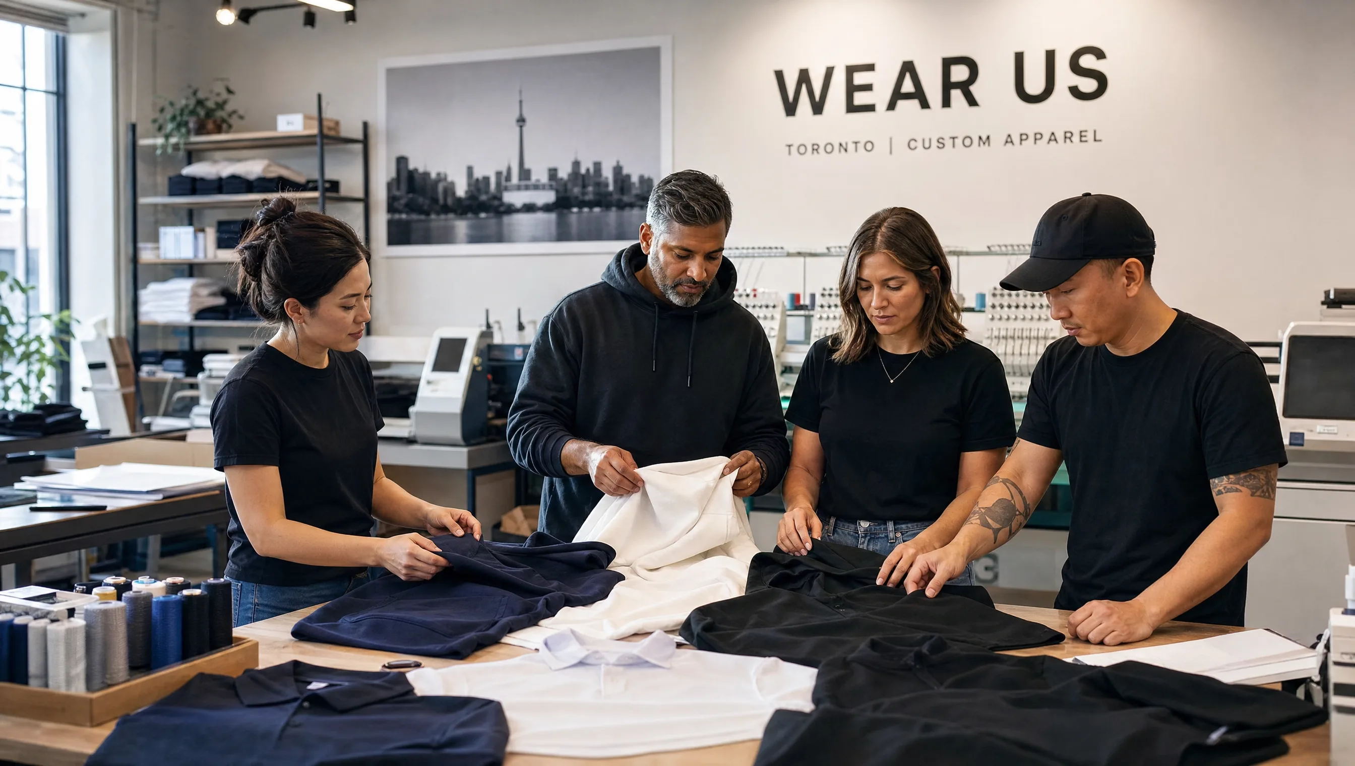 Custom apparel studio team preparing blank garments for decoration