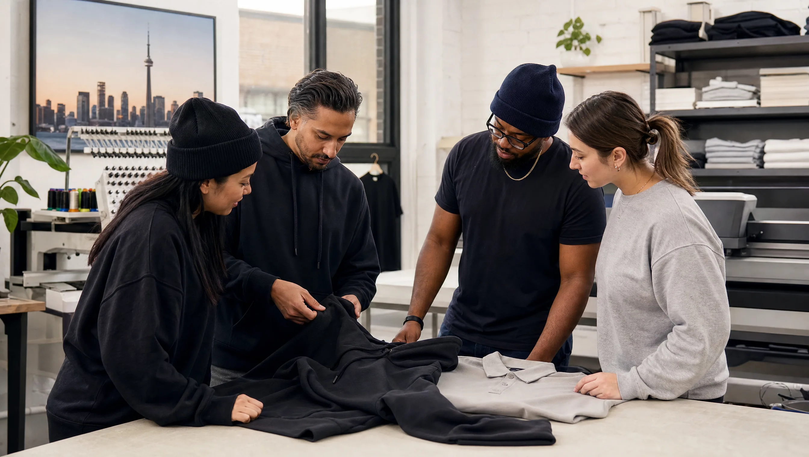 Wear US production team reviewing custom apparel samples in a Toronto studio