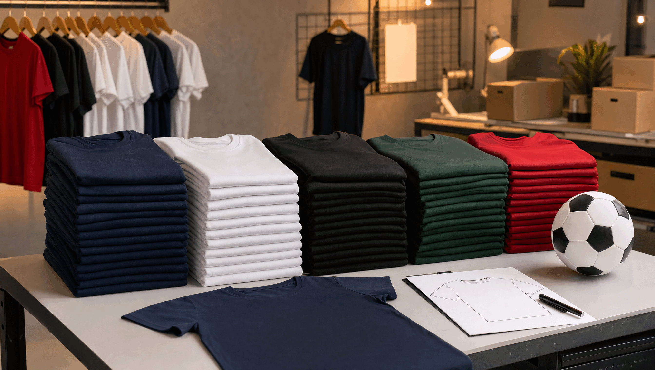 Stacks of custom T-shirts prepared for a group apparel order at Wear US