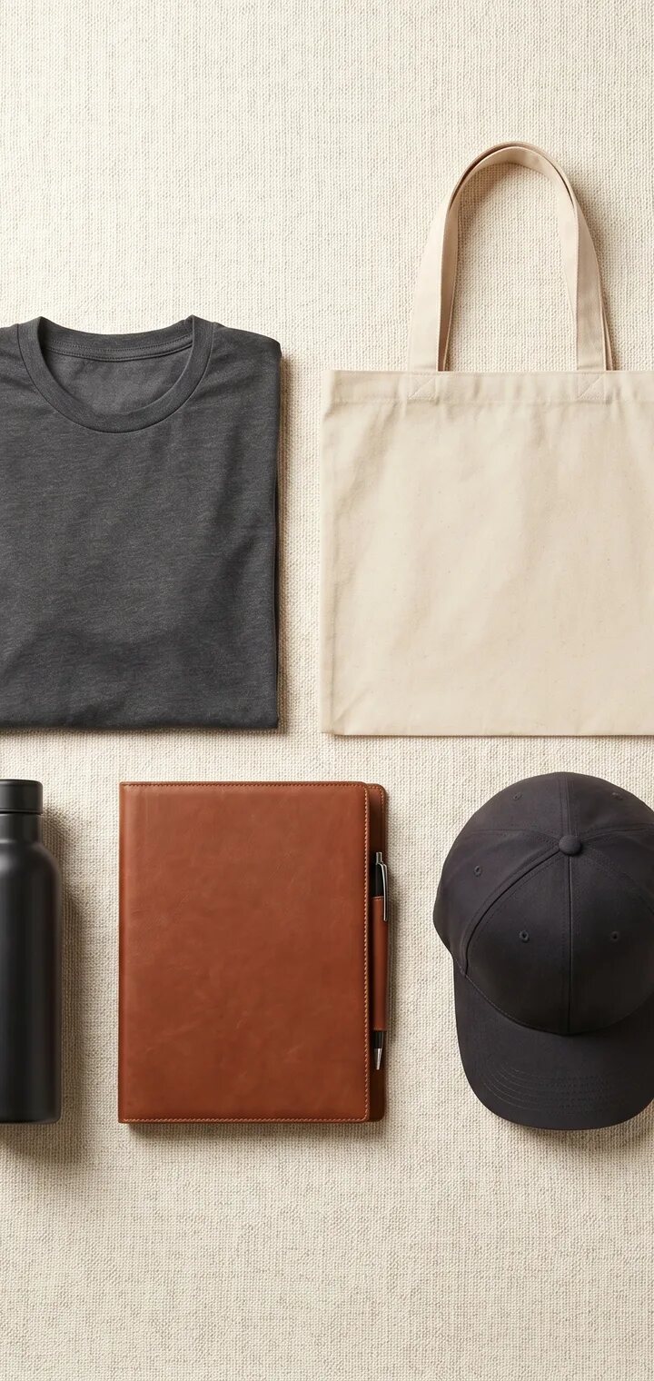 Bags, drinkware, headwear, and welcome kits that feel considered.
