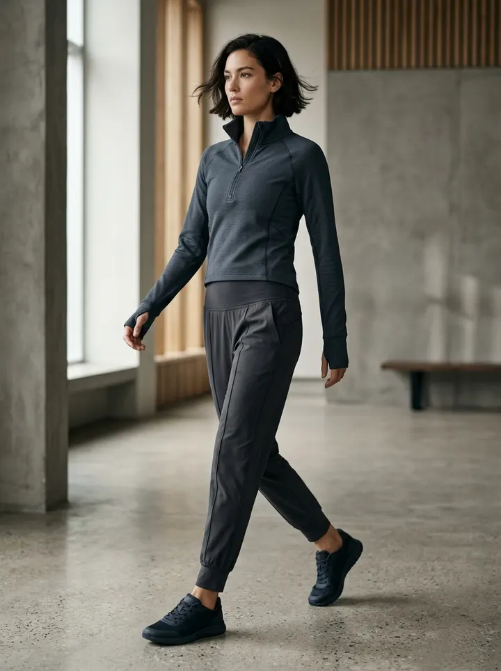 Woman wearing a dark athletic quarter-zip and joggers in a training space
