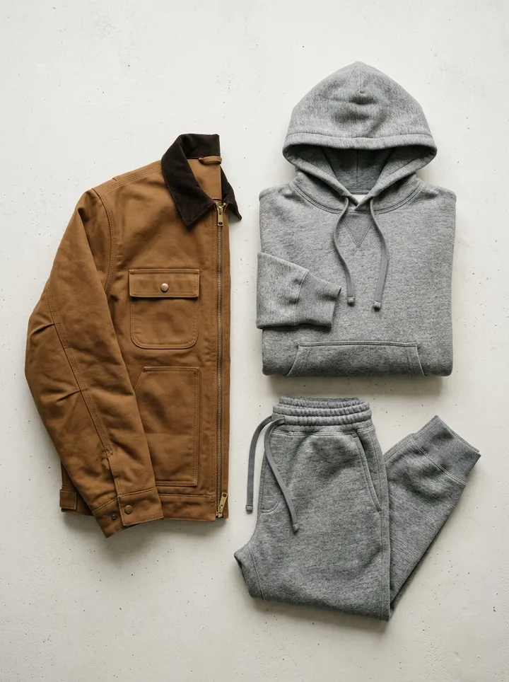 Brown work jacket beside a folded grey hoodie and sweatpants