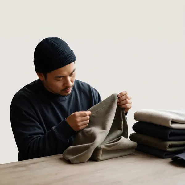 Man in a black beanie inspecting premium apparel