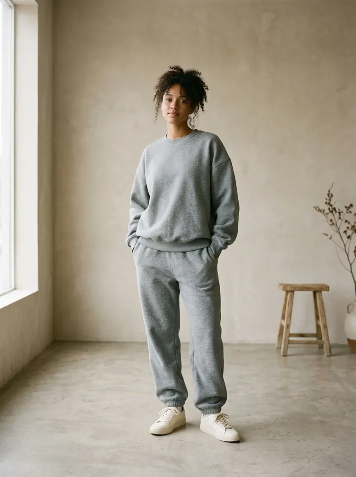 Woman wearing a grey crewneck and sweatpants in a sunlit studio
